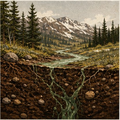 Screen-printed panel: a cutaway through a spring meadow below melting snowpack, showing green meltwater threading down into the soil and cobble layers underground before any of it reaches a stream.