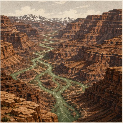 Screen-printed panel: an aerial view of braided green river channels gathering out of side canyons and joining a single mainstem between layered red sandstone walls, with snow-capped peaks on the horizon.