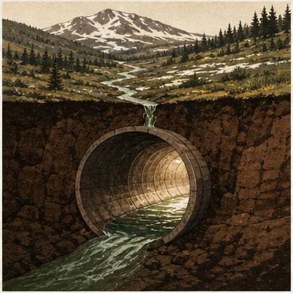 Screen-printed panel: a cutaway of a transbasin diversion — water pouring from the mouth of a large concrete tunnel bored beneath a mountain meadow, carrying flow out of the basin under the Continental Divide.