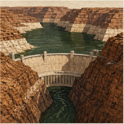 Screen-printed panel: an arch dam wedged between canyon walls, its reservoir held behind it and a pale mineral bathtub ring banding the rock well above the current waterline.