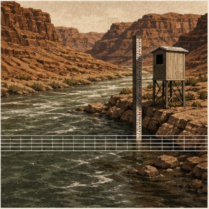 Screen-printed panel: a stream-gaging station on a river below canyon walls — an instrument shelter on a tower beside a measuring cableway strung across the green water.