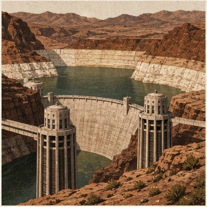 Screen-printed panel: a concrete gravity dam with four tall cylindrical intake towers rising from a drawn-down reservoir, the bathtub ring bright on the surrounding desert rock.