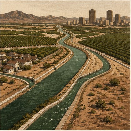 Screen-printed panel: a lined canal carrying the river in a straight line through irrigated green fields and orchards toward a distant city skyline standing in dry desert.