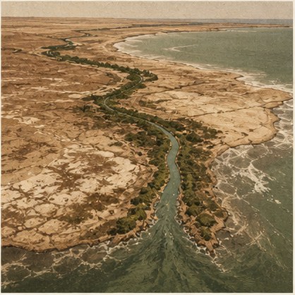 Screen-printed panel: a cracked, salt-pale delta plain seen from above, thin remnant channels wandering across dried mudflats toward a hazy sea the main river no longer reaches.
